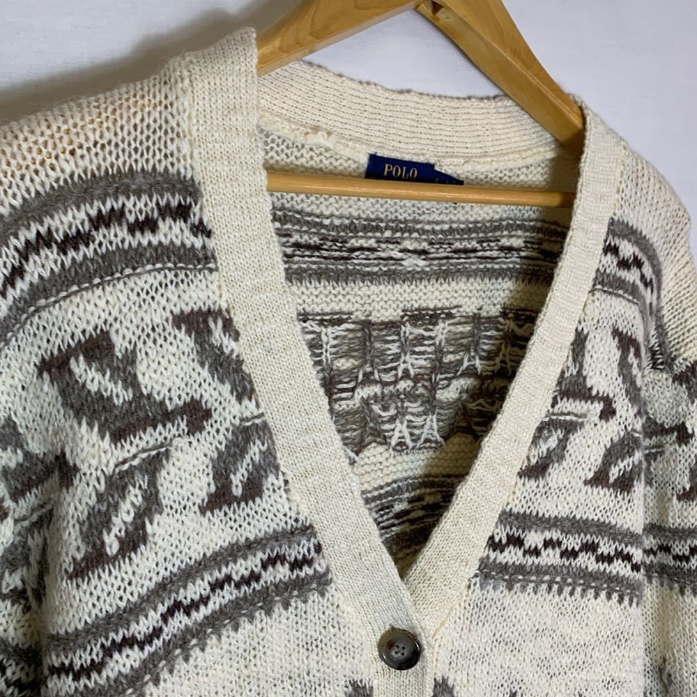Polo Ralph Lauren Ivory Taupe Nordic Southwestern Wool V-Neck Cardigan Size L - Picture 5 of 14